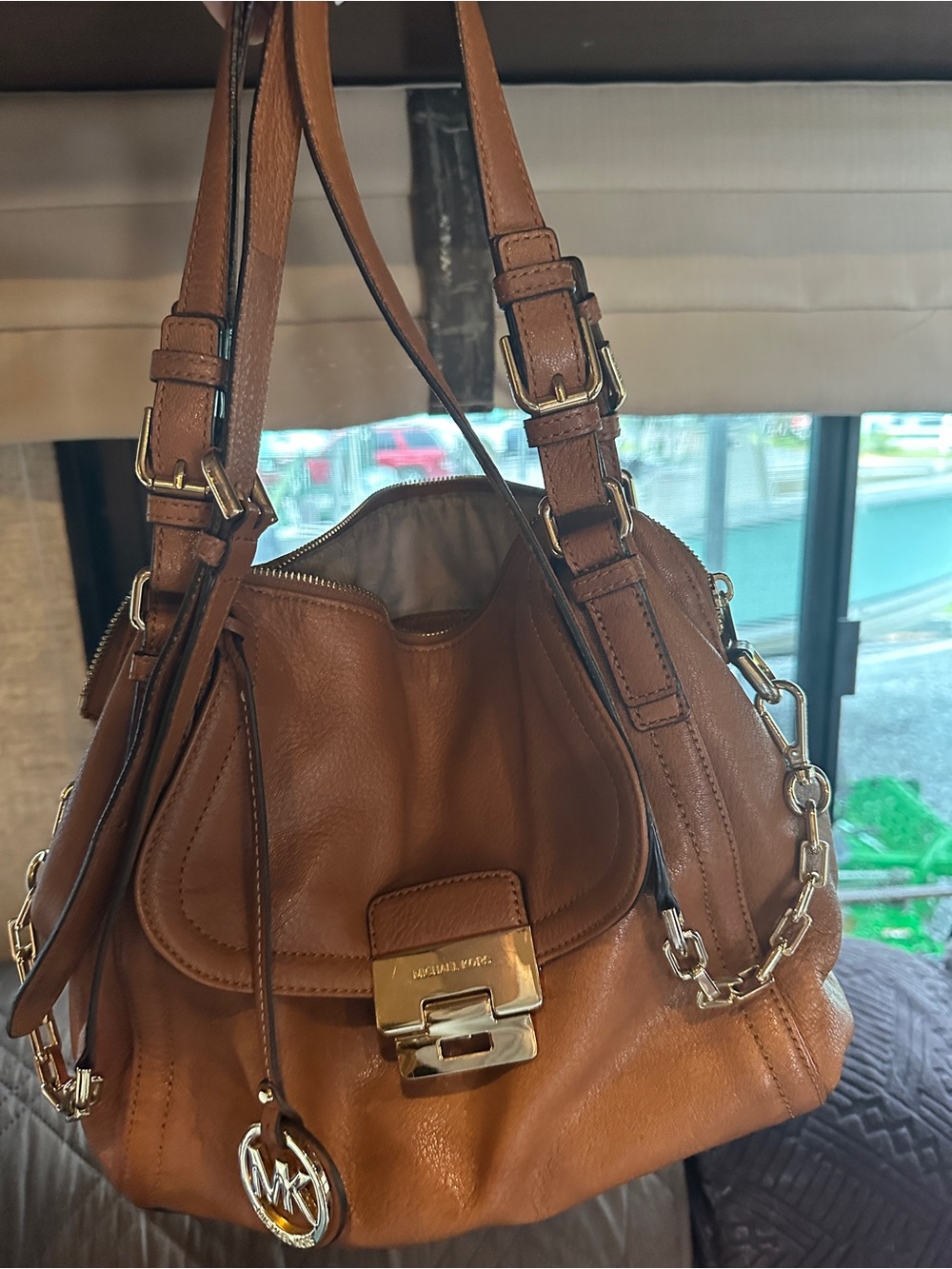Michael Kors Brown Leather Shoulder Bag with Gold Accents